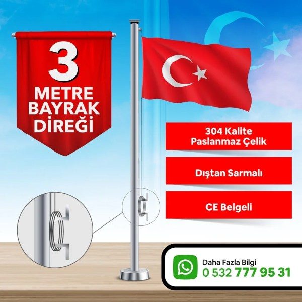 3 Metre Paslanmaz Krom Ekonomik Bayrak Direği