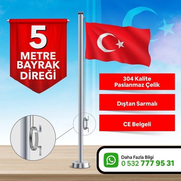 5 Metre Paslanmaz Krom Ekonomik Bayrak Direği