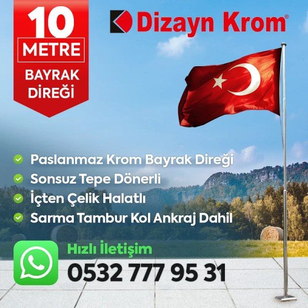 10 Metre Paslanmaz Krom Profesyonel Bayrak Direği