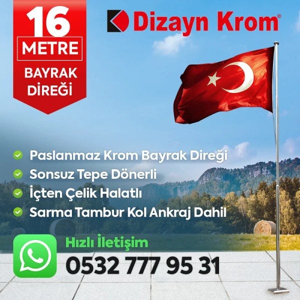 16 Metre Paslanmaz Krom Profesyonel Bayrak Direği